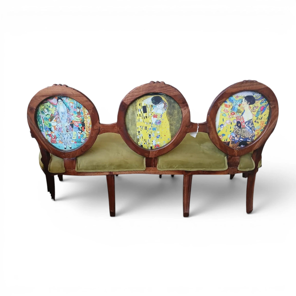 Elegant three-seater upholstered bench featuring a hand-carved solid wood frame, three oval medallion backrests with artistic portrait fabric panels, plush olive green velvet seat cushions, and a timeless curved silhouette. A sophisticated statement piece for luxury living rooms, boutique hotels, executive lounges, or elegant reception spaces.
