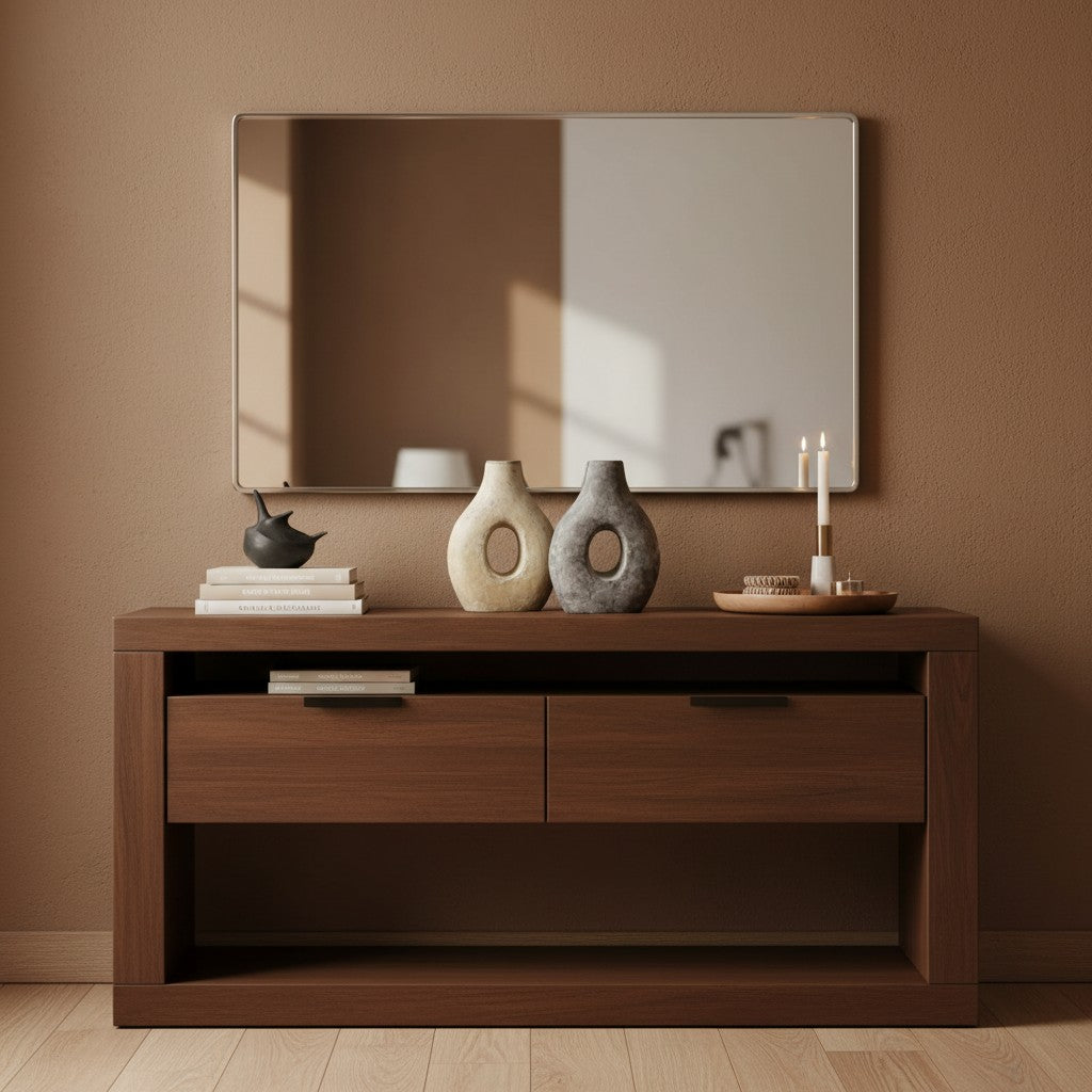 Minimalist rectangular wall mirror with a slim metal frame, perfect for entryways, bedrooms, living rooms, and bathrooms. This contemporary mirror enhances natural light and complements modern, Scandinavian, minimalist, and luxury interiors.