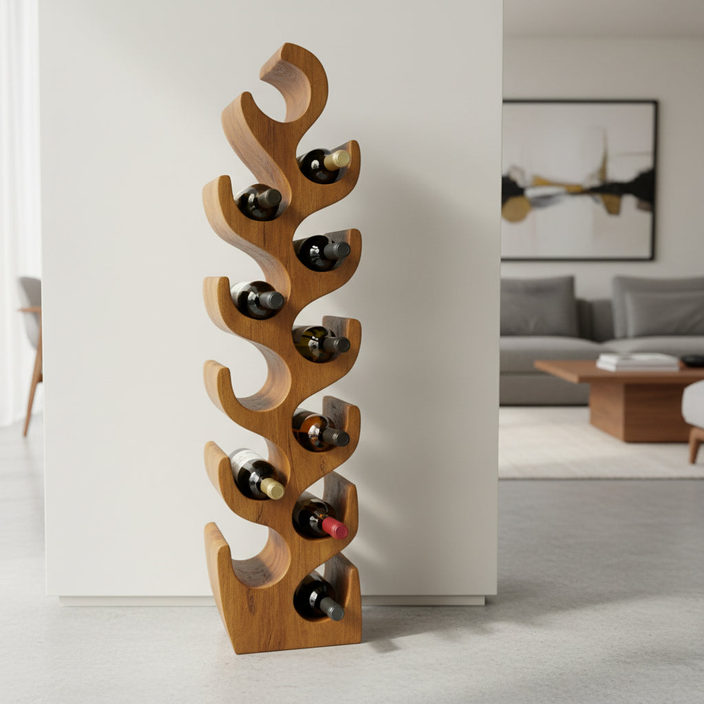 Modern handcrafted teak wood wine rack with a flowing sculptural design, holding ten wine bottles in an elegant vertical display. Crafted from solid teak with a warm natural finish, this contemporary wine rack combines artistic style with practical storage for kitchens, dining rooms, or home bars.