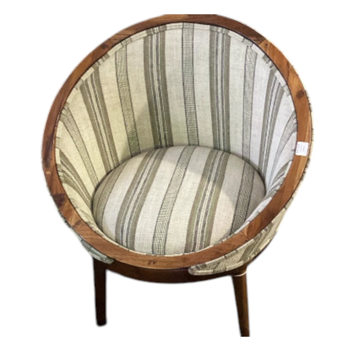 Contemporary barrel accent chair featuring a solid wood frame, neutral striped upholstered fabric, and tapered wooden legs. A stylish occasional chair that brings warmth and modern sophistication to living rooms, reading nooks, bedrooms, or boutique hotel lounges.