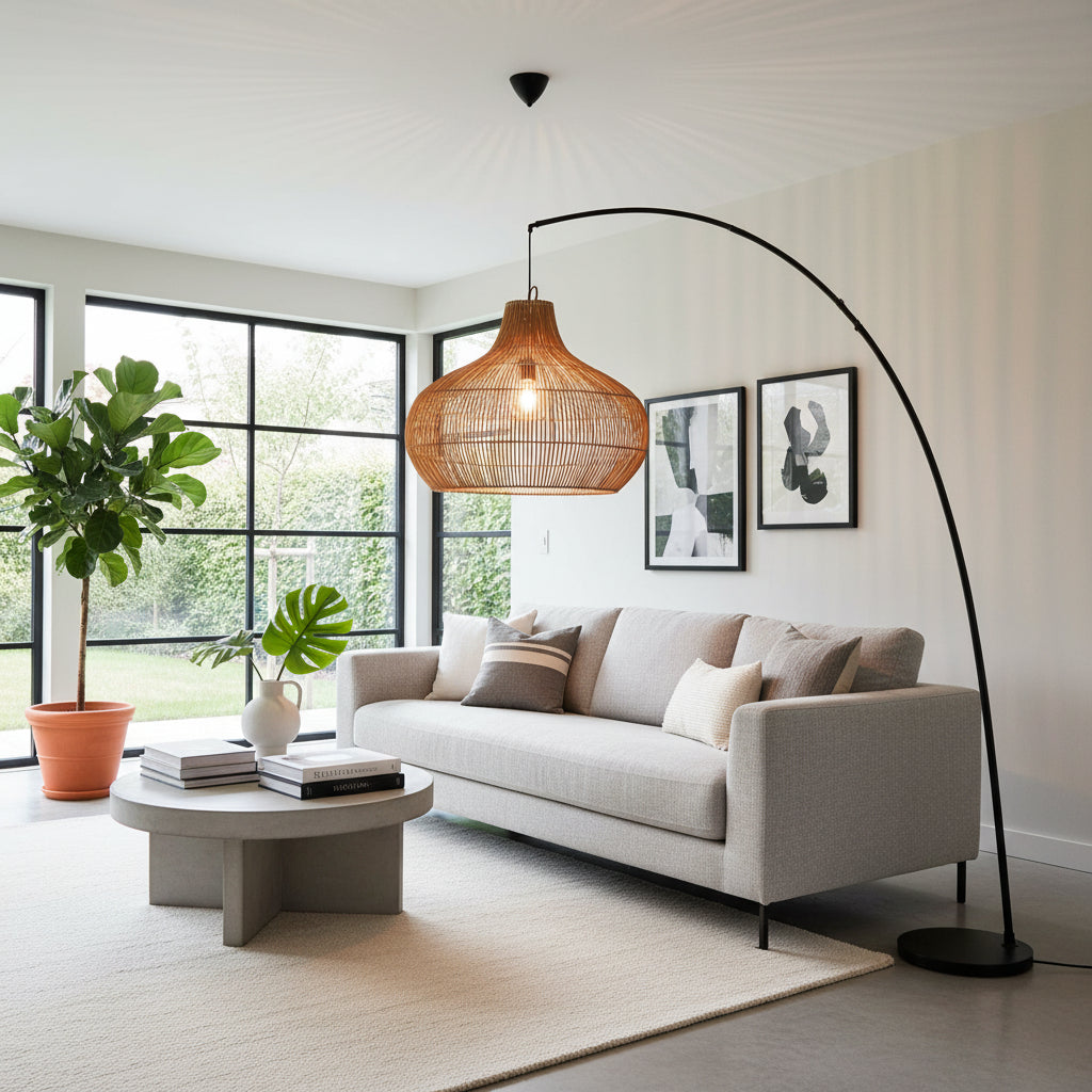 Contemporary arc floor lamp featuring a sleek black metal frame and a handwoven natural rattan shade with a sculptural bell-shaped silhouette. The warm ambient lighting and elegant design make it a stylish statement piece for living rooms, reading corners, boutique hotels, and modern interiors.
