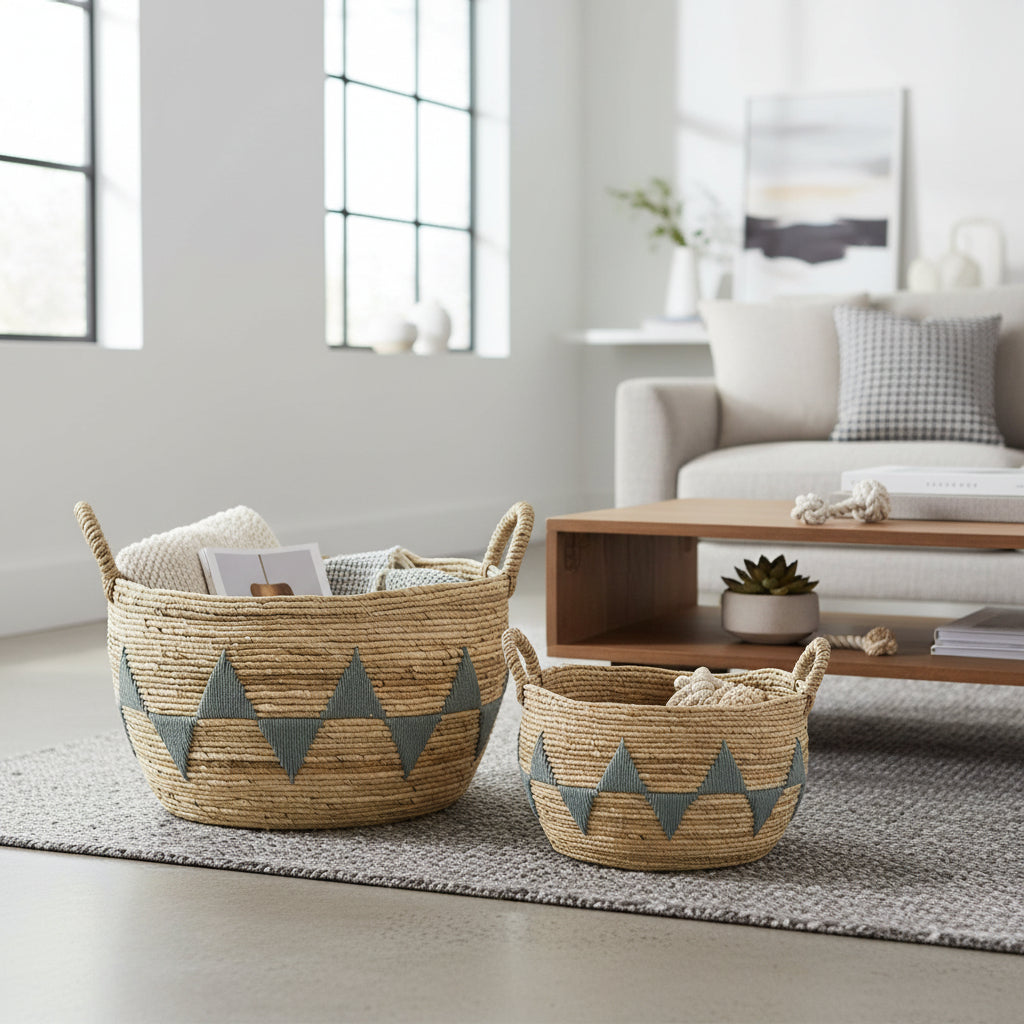Woven baskets with geometric patterns on a living room floor.