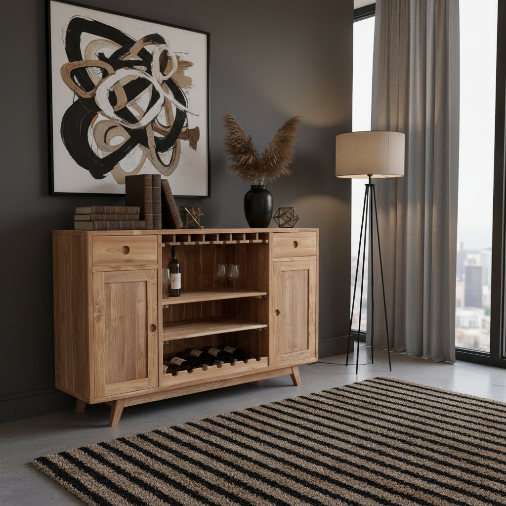 Elegant natural wood bar cabinet featuring built-in wine and glass storage, two drawers, side cabinets, and tapered wooden legs, styled in a contemporary living space.