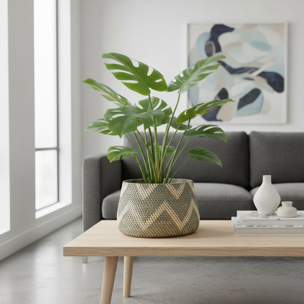 Potted plant on a wooden table in a modern living room with a gray sofa and abstract art.