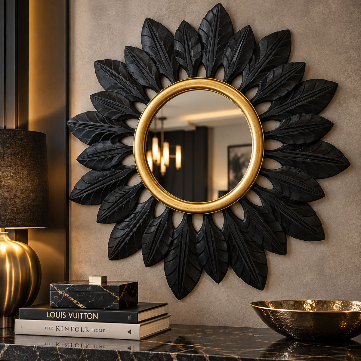 A decorative wall mirror with a sunburst leaf design in black and a gold-toned circular frame, mounted on a beige wall above a console table with books and a bowl.