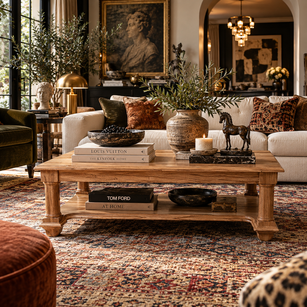 A styled rustic wooden coffee table in a richly decorated living room, featuring books, a bowl of blueberries, a ceramic vase with olive branches, a small horse figurine, and a candle on its shelves.