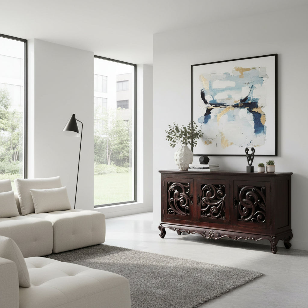 Elegant dark wood sideboard featuring three cabinet doors with intricate openwork scroll carvings, ornate detailing, and curved feet for a luxurious statement finish.