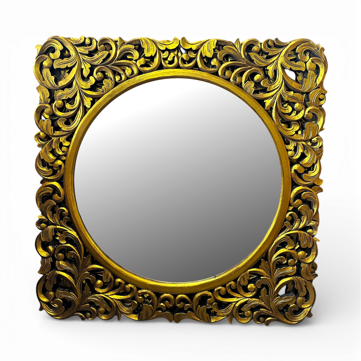 Ornate gold carved wooden wall mirror featuring an intricately hand-carved botanical frame with an antique gold finish and round mirror centre. This luxurious statement mirror enhances entryways, living rooms, bedrooms, and hallways while complementing classic, contemporary, luxury, and boutique-style interiors.