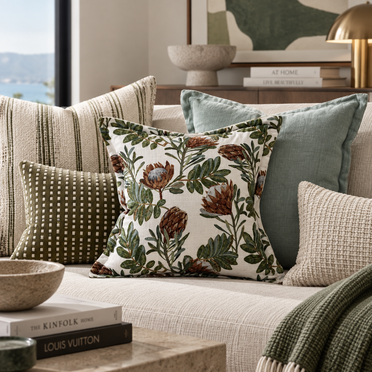 A styled living room scene with multiple decorative throw pillows on a light upholstered sofa. The central pillow features a cream background with a botanical print in olive green, brown, and muted blue, surrounded by coordinating pillows in striped, olive checkered, solid sage, and textured beige.