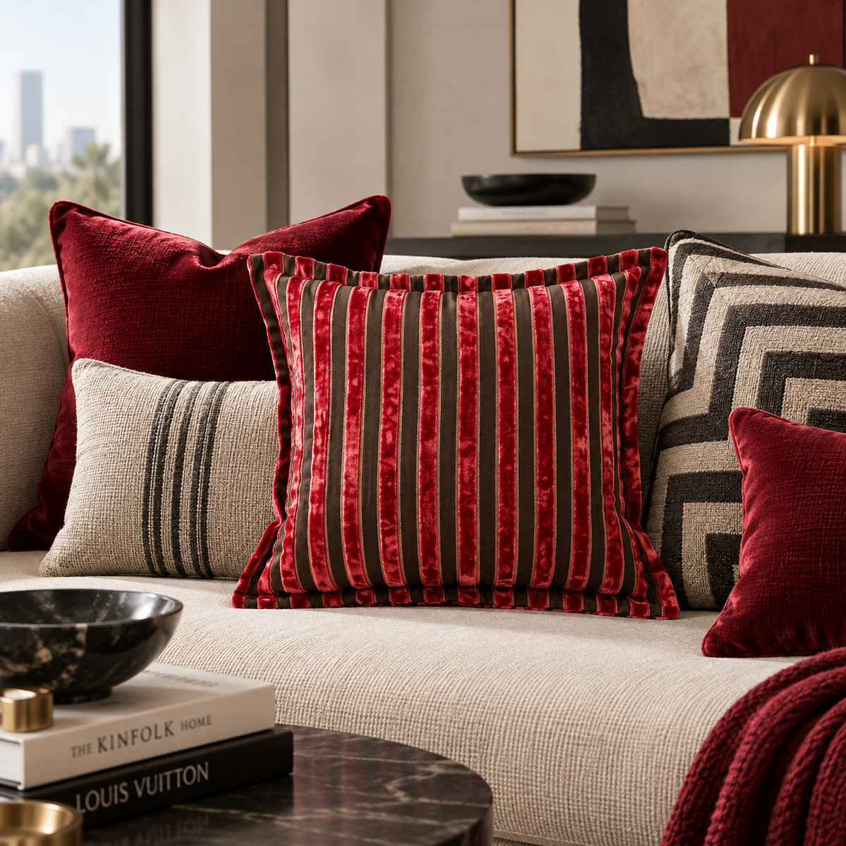 A styled living room scene showing a beige sofa with multiple decorative throw pillows, including a prominent red velvet pillow with vertical dark stripes, burgundy velvet pillows, and a black-and-beige geometric patterned pillow. A coffee table with books and a lamp sits in the foreground.