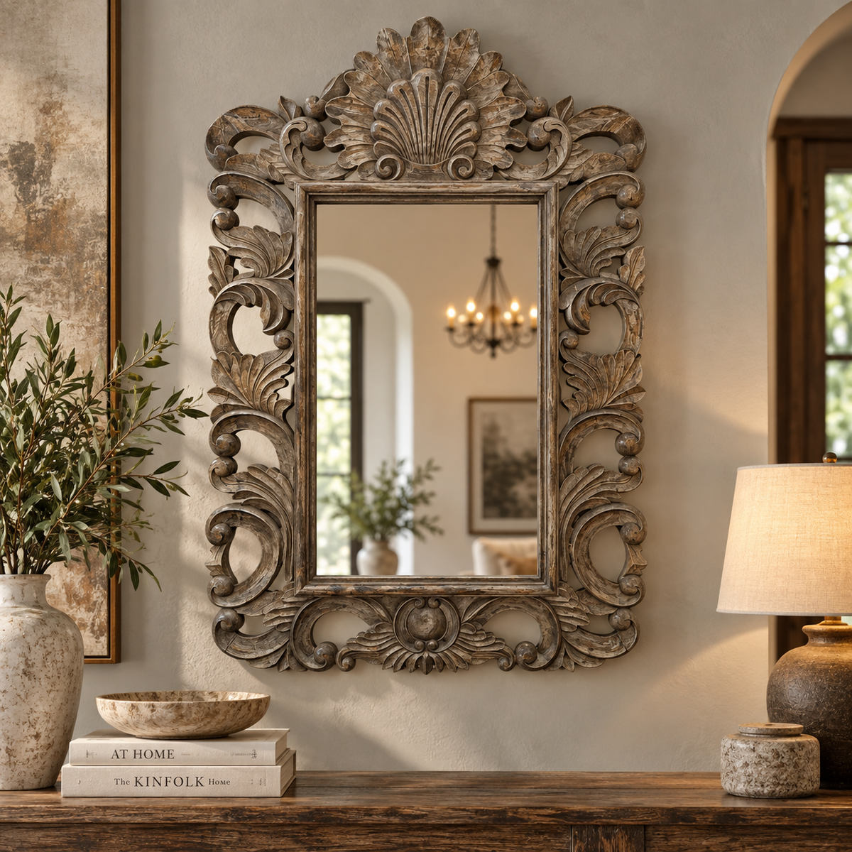 An ornate, vintage-style rectangular wall mirror with a heavily carved distressed wood frame, mounted on a beige wall in a styled home interior above a wooden console table.