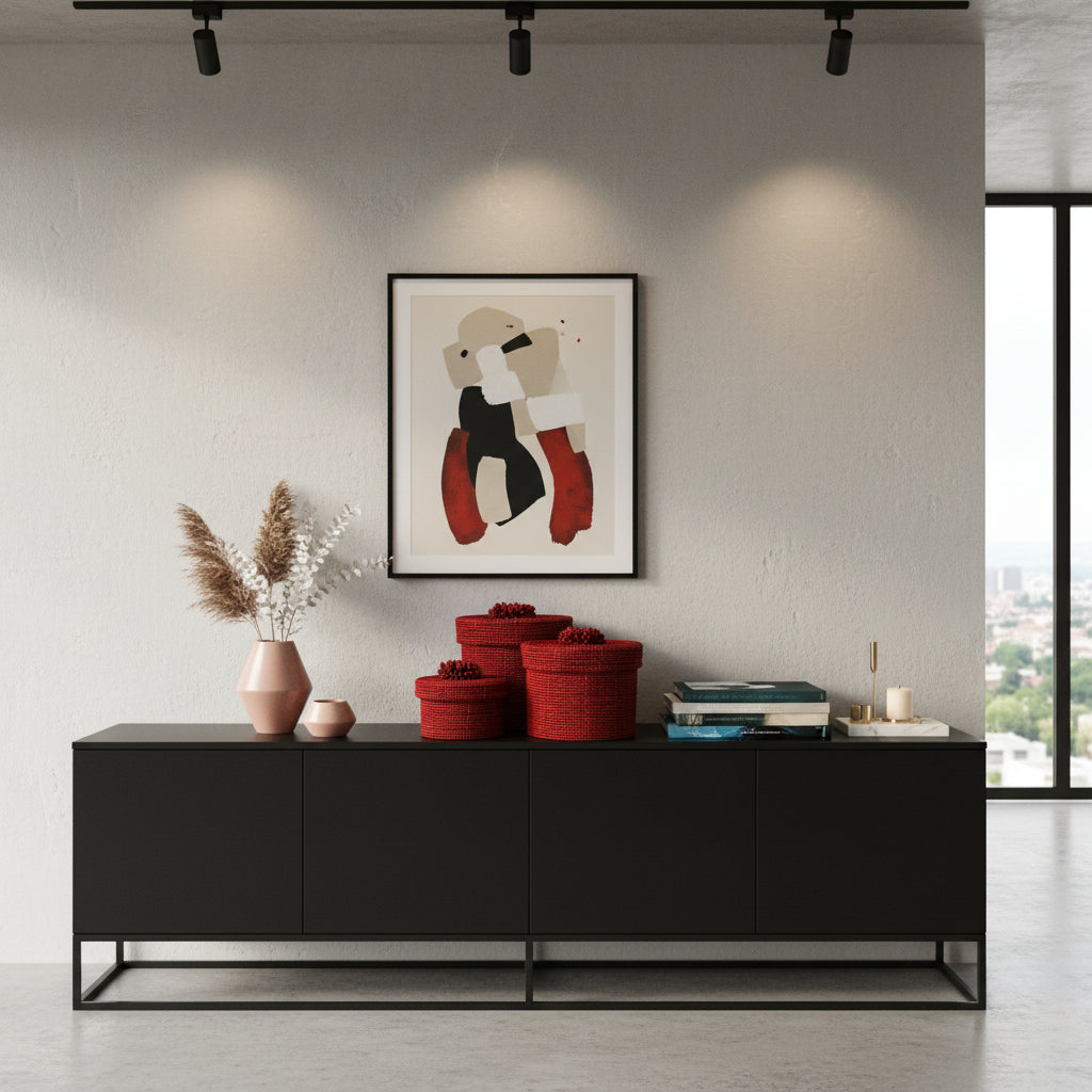 Set of handcrafted cylindrical storage baskets with rich ruby red wooden beads, matching fitted lids, and decorative beaded handles, styled on a modern black console table to add bold colour, elegant storage, and artisanal texture to contemporary interiors.
