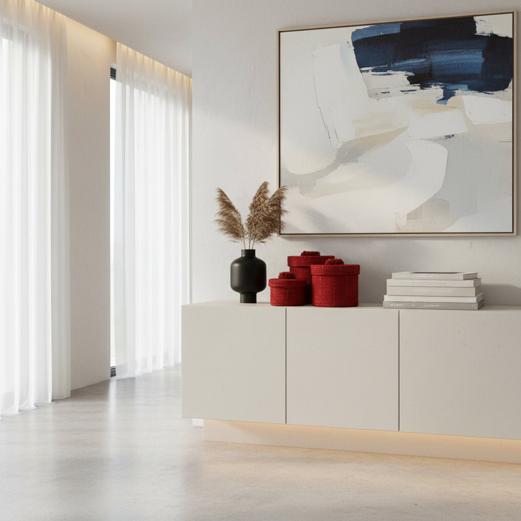 Set of handcrafted cylindrical storage baskets with rich ruby red wooden beads, matching fitted lids, and decorative beaded handles, styled on a modern white sideboard to add bold colour, elegant storage, and artisanal texture to contemporary interiors.