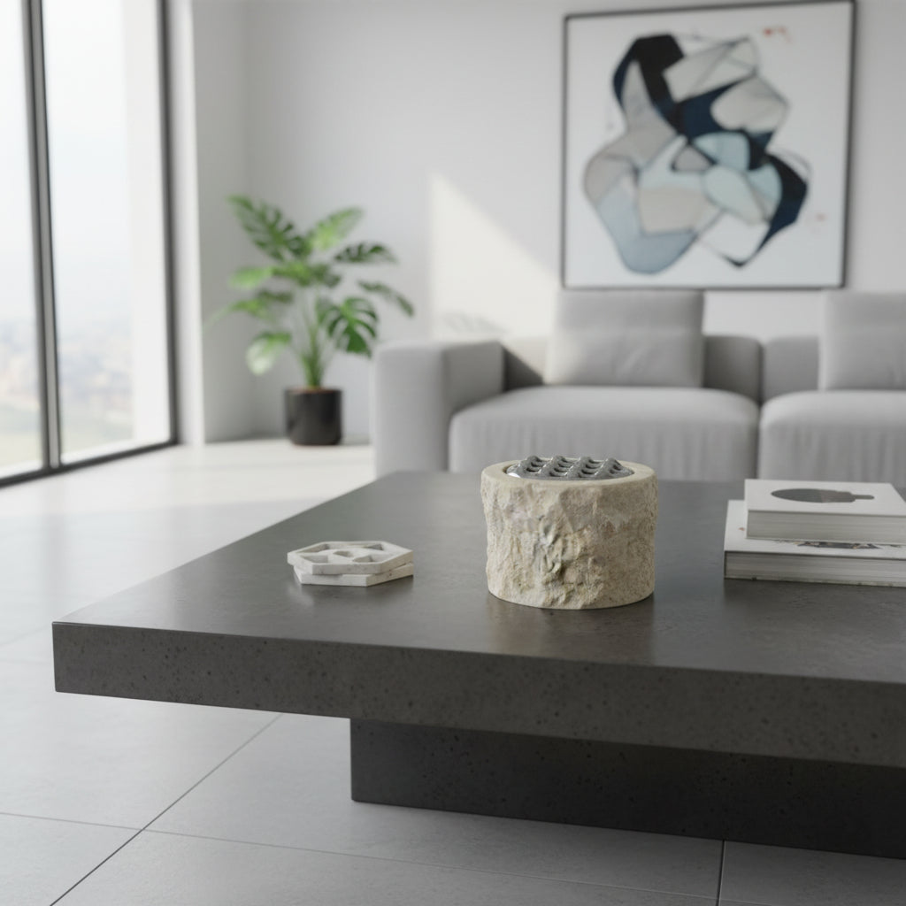 Decorative rustic beige marble potpourri bowl featuring a hand-textured natural stone exterior and a silver metal lattice lid. A unique artisan-crafted accent piece that adds organic elegance to coffee tables, consoles, shelves, bathrooms, and contemporary luxury interiors.