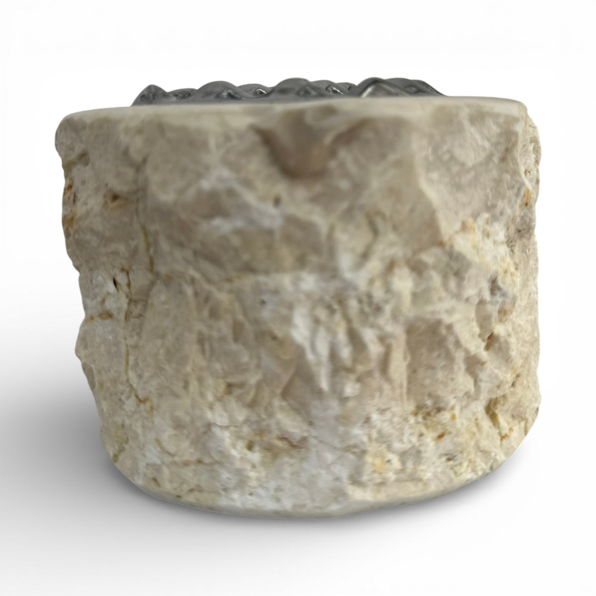 Decorative rustic beige marble potpourri bowl crafted from natural stone with a hand-textured exterior and a silver metal lattice lid. A unique statement décor piece that brings organic character and timeless elegance to coffee tables, consoles, shelves, bathrooms, and luxury living spaces.