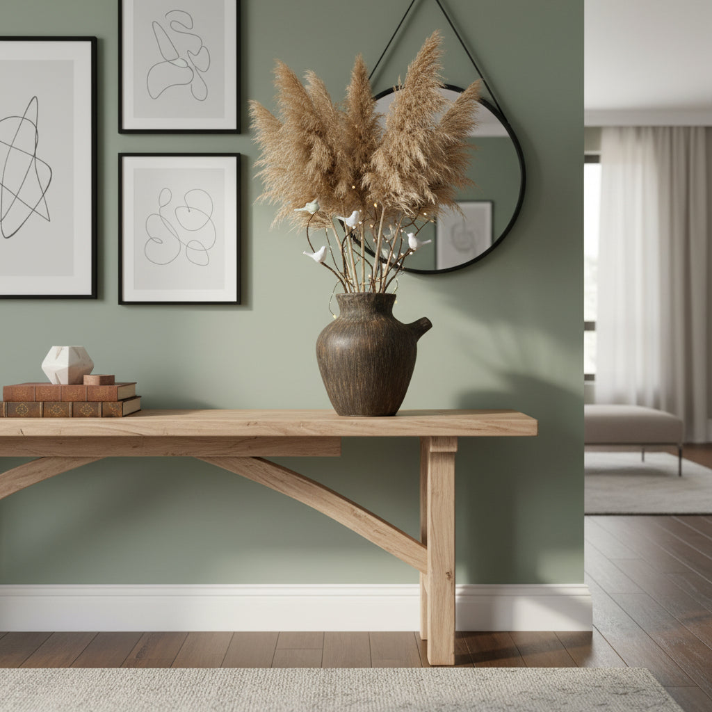 Rustic brown ceramic decorative vase with a textured handcrafted finish and sculptural side spout, styled with pampas grass and natural botanicals on a wooden console table, adding warm organic character and timeless elegance to contemporary interiors.