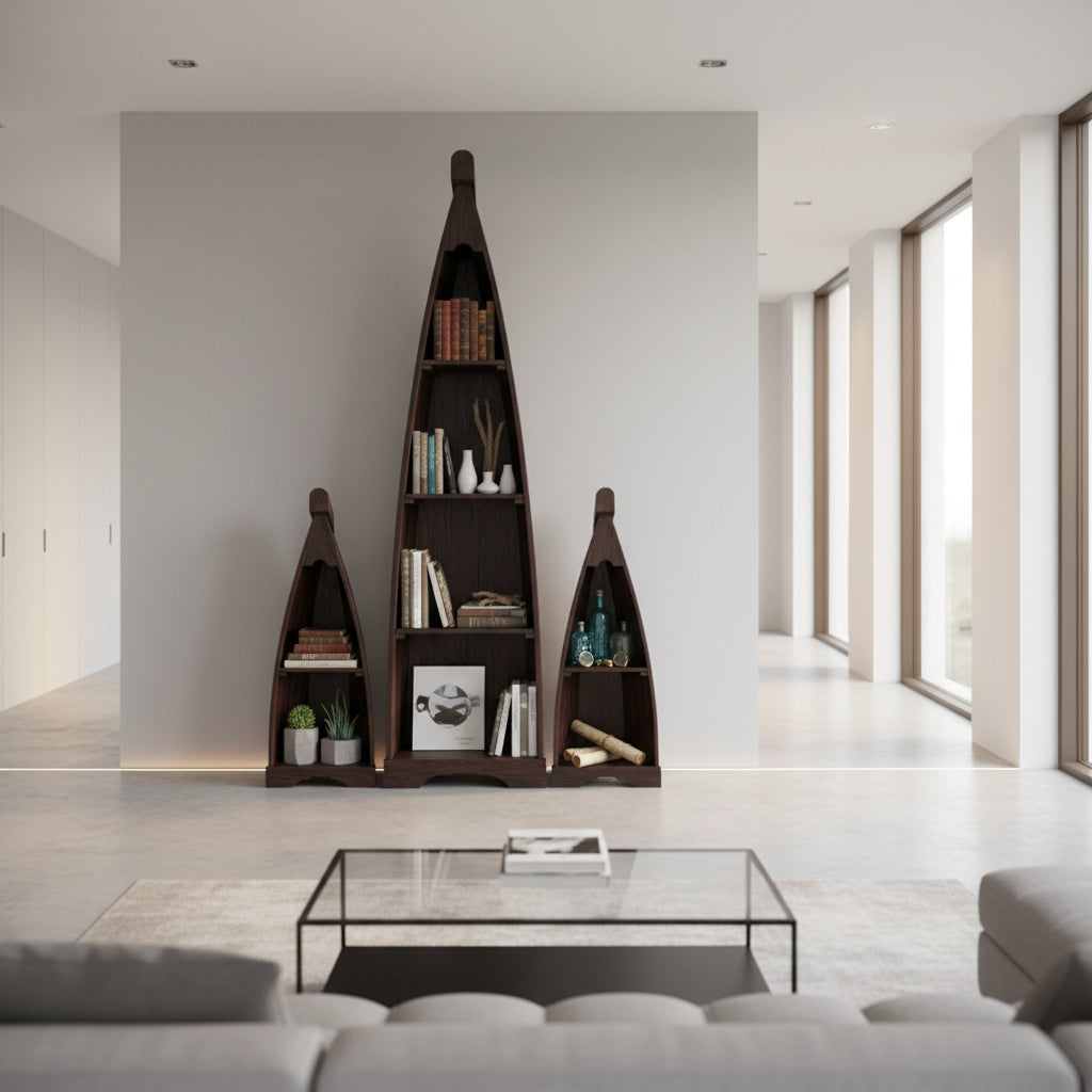 Set of three handcrafted canoe-shaped display shelves in a dark stained wood finish, styled with books, plants, bottles, and decorative accessories to create a striking focal point in a contemporary living space.