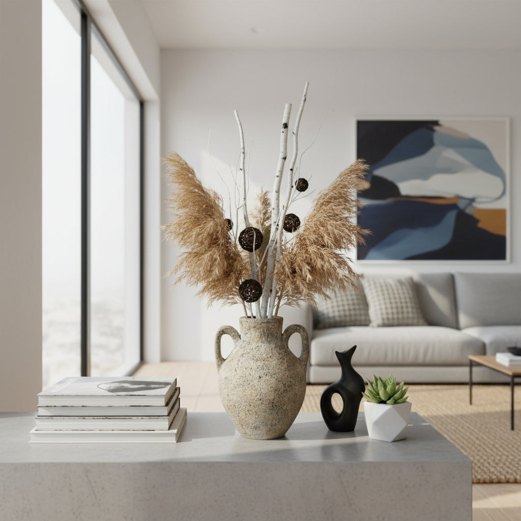 Rustic ceramic amphora vase with a textured stone finish and twin loop handles, styled with pampas grass, decorative branches, and natural botanicals on a modern coffee table, adding timeless organic elegance to contemporary interiors.