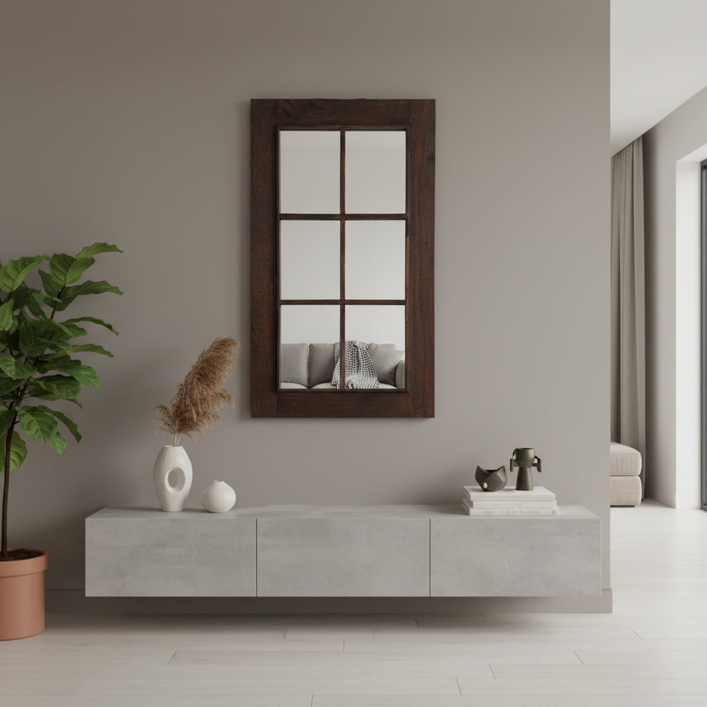 Rustic rectangular wall mirror featuring a dark stained solid wood frame with six windowpane-style mirrored panels, adding farmhouse charm and timeless character to any interior.