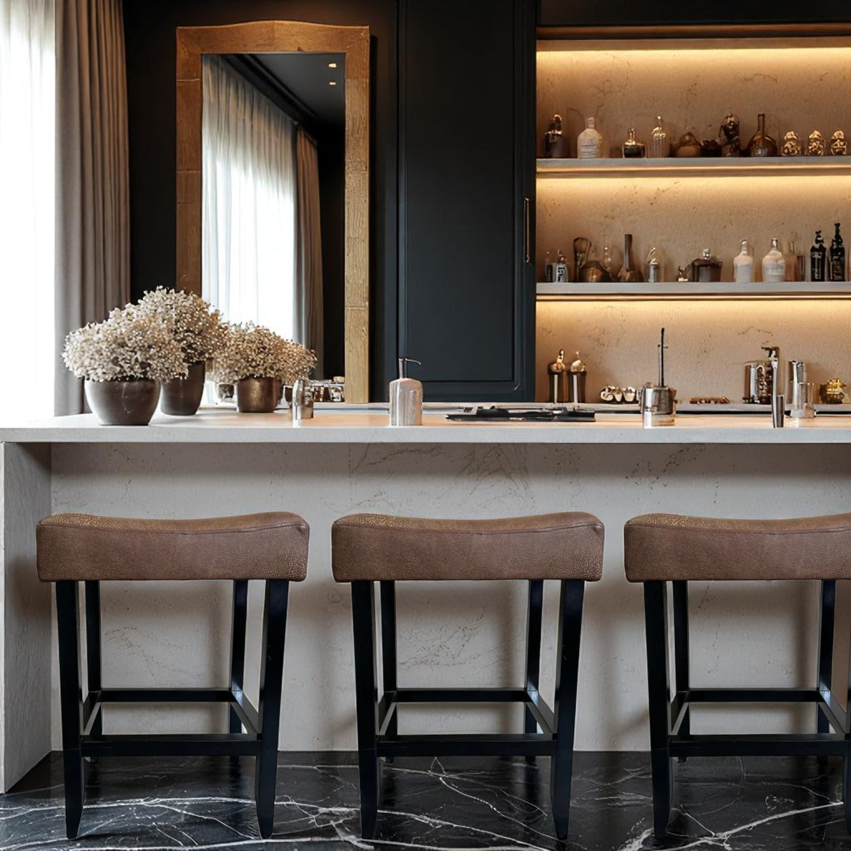 Leather Seat Bar Chair | Ox Brown with Dark Wood Legs