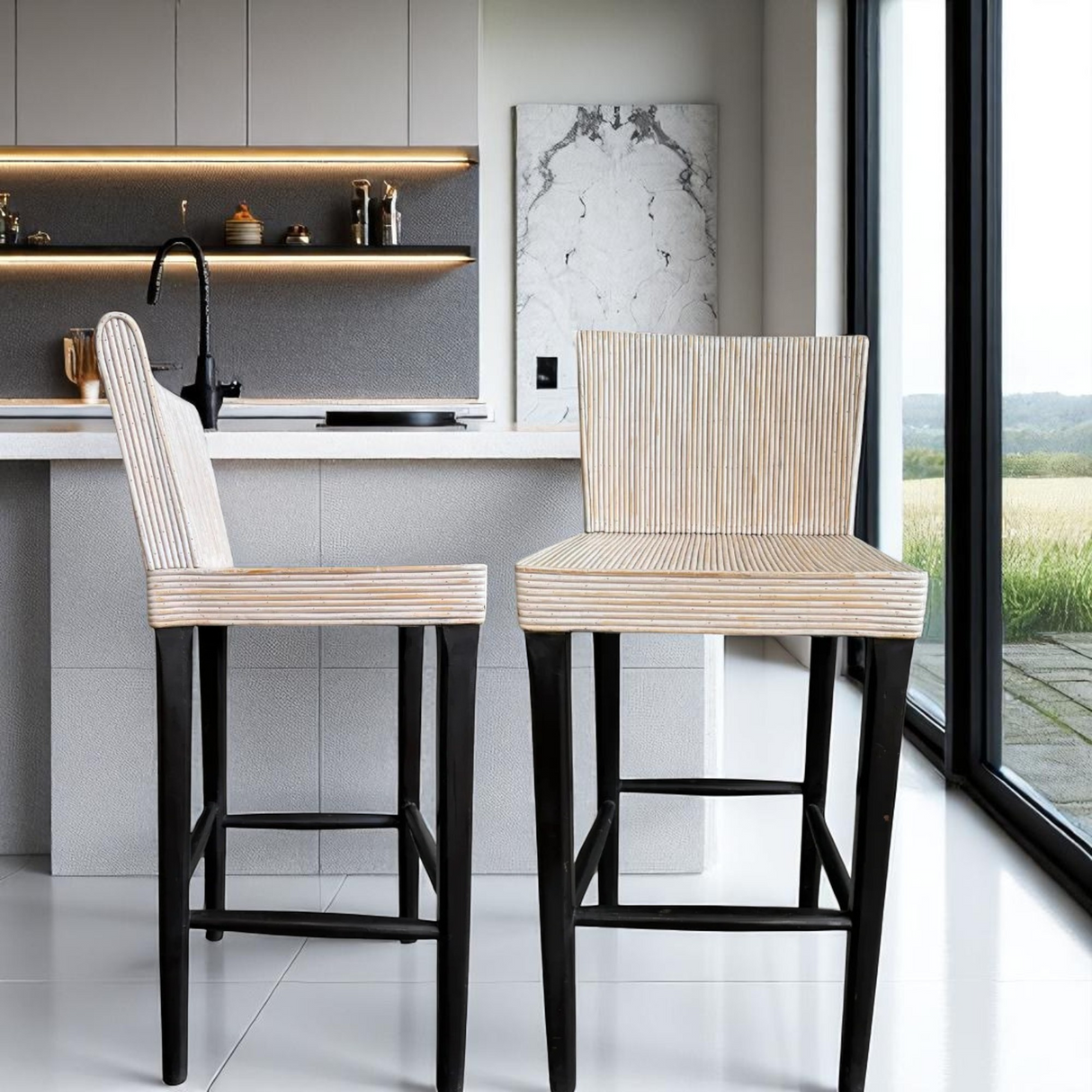 RATTAN WOODEN BAR CHAIR | WHITE WASH