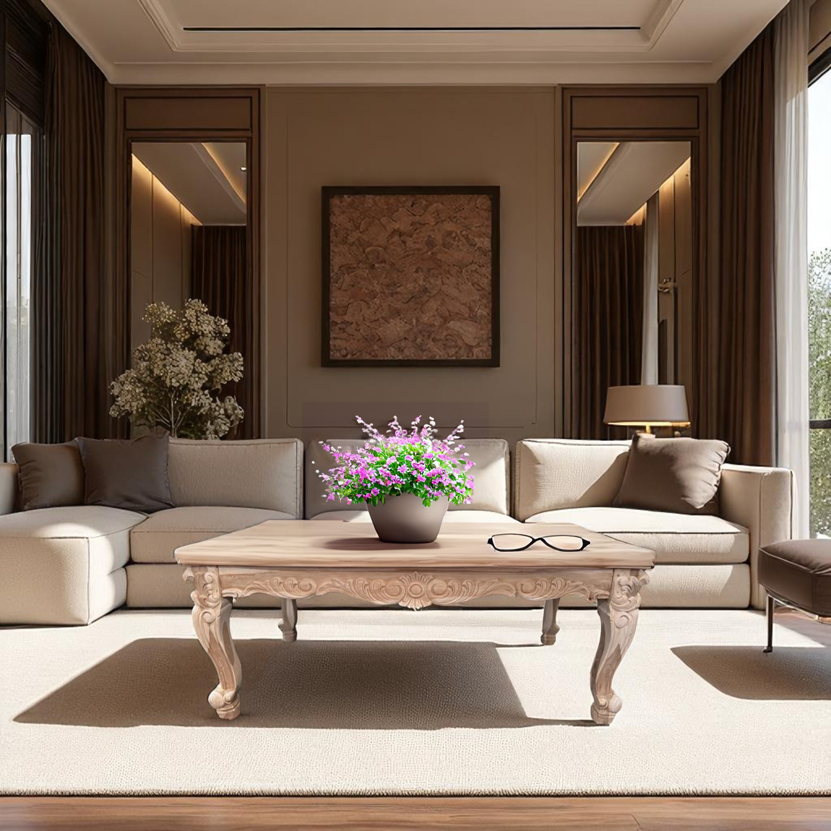 Coffee Table SHR | Natural wood finish with engraved feet and sides