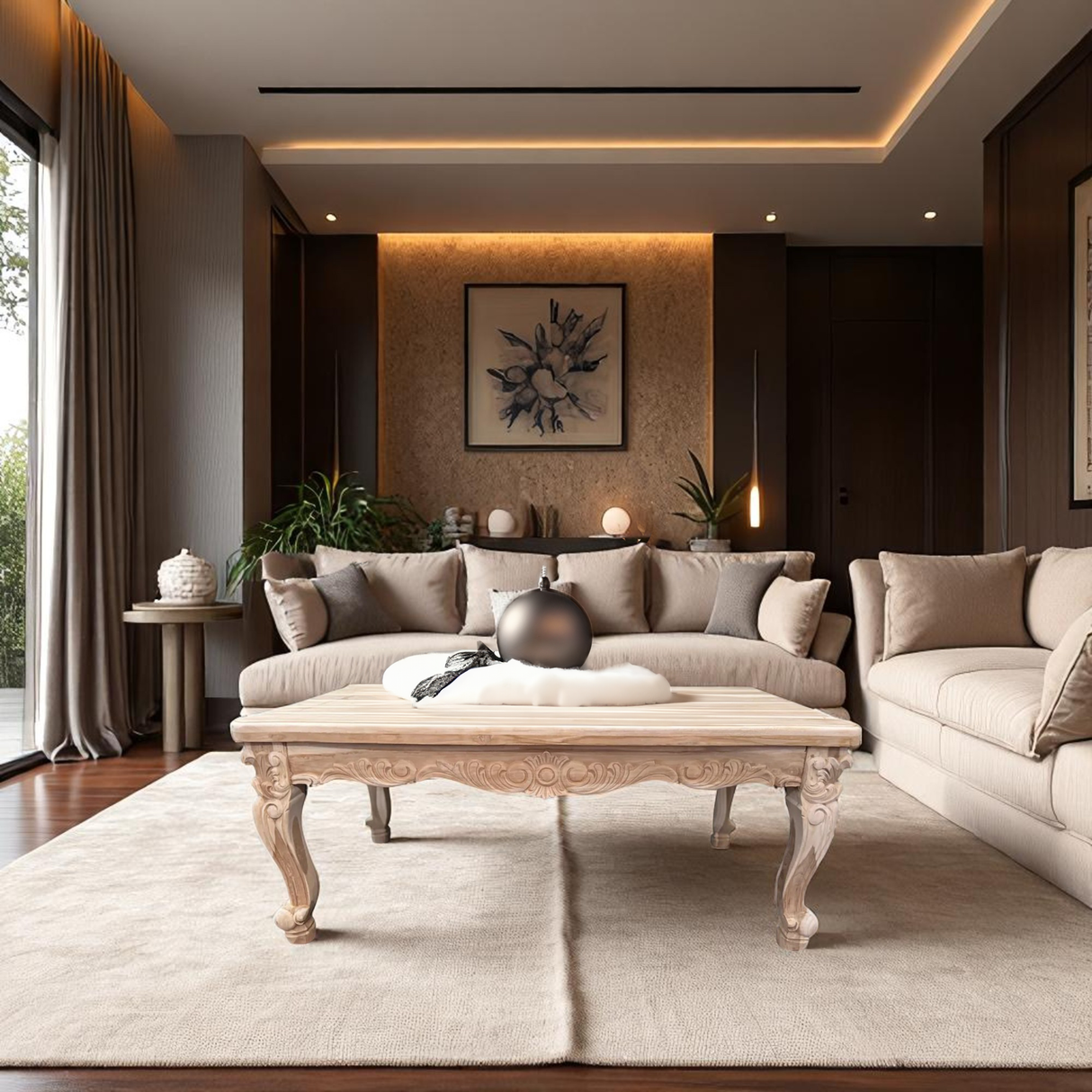 Coffee Table SHR | Natural wood finish with engraved feet and sides