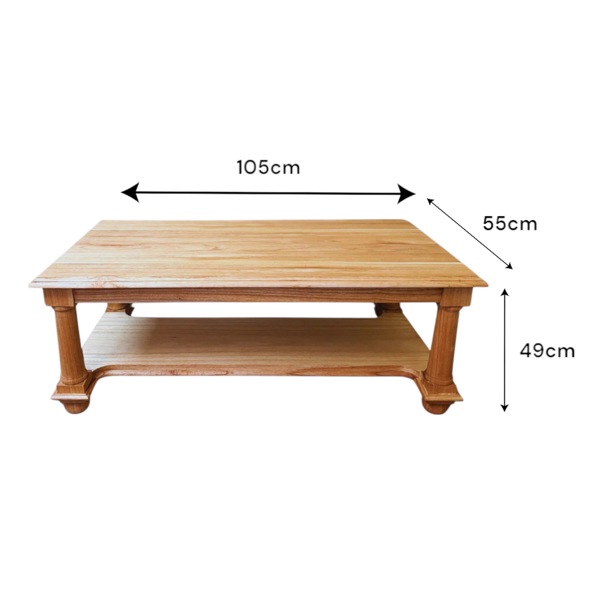 Post Coffee Table | Natural Finish, made from stained teak wood with bottom storage