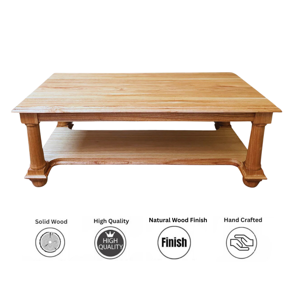Post Coffee Table | Natural Finish, made from stained teak wood with bottom storage