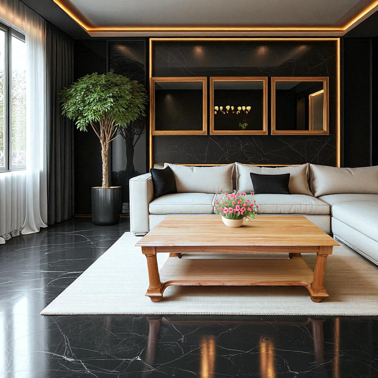 Post Coffee Table | Natural Finish, made from stained teak wood with bottom storage