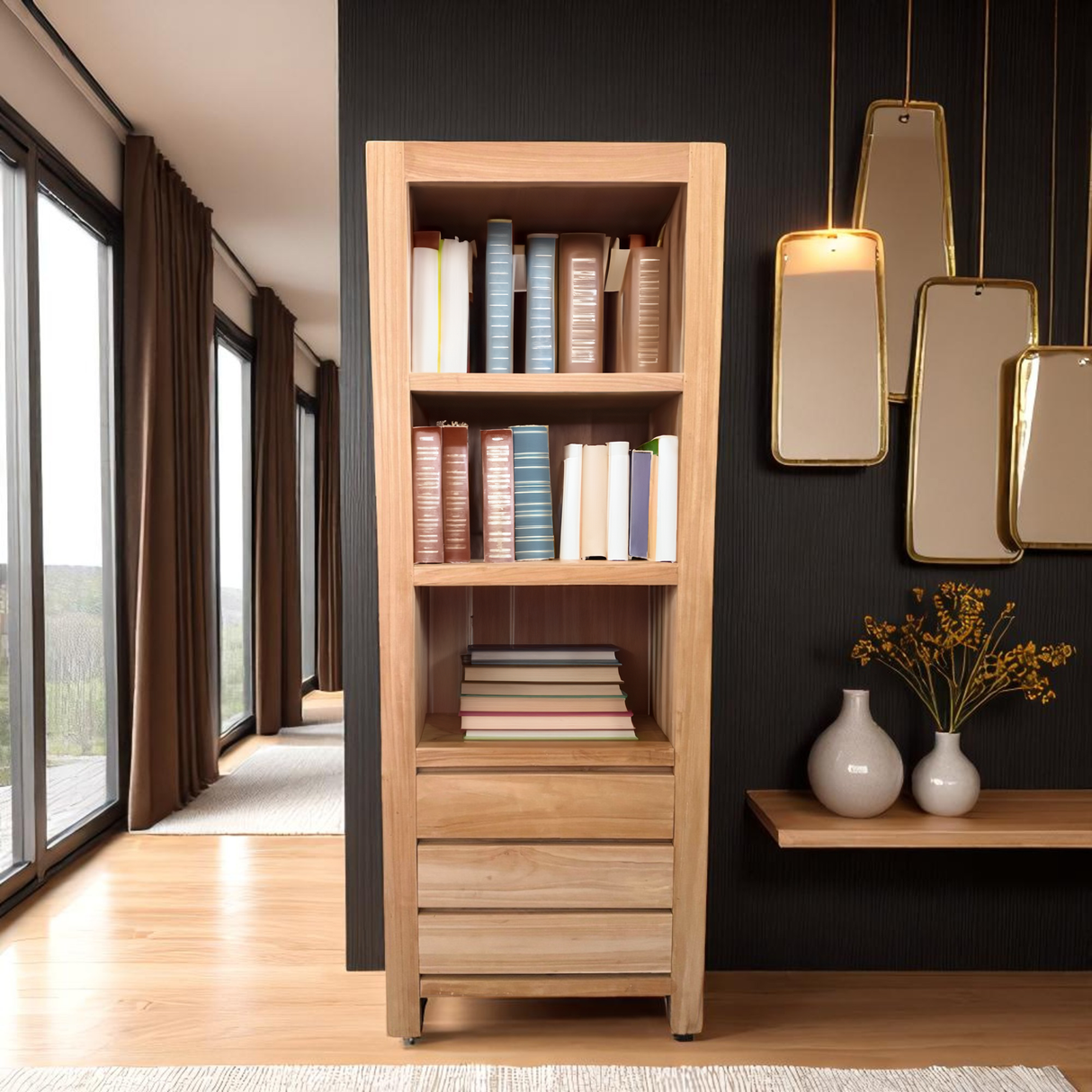 BOOKCASE WITH 3 DRAWERS | NATURAL TEAK