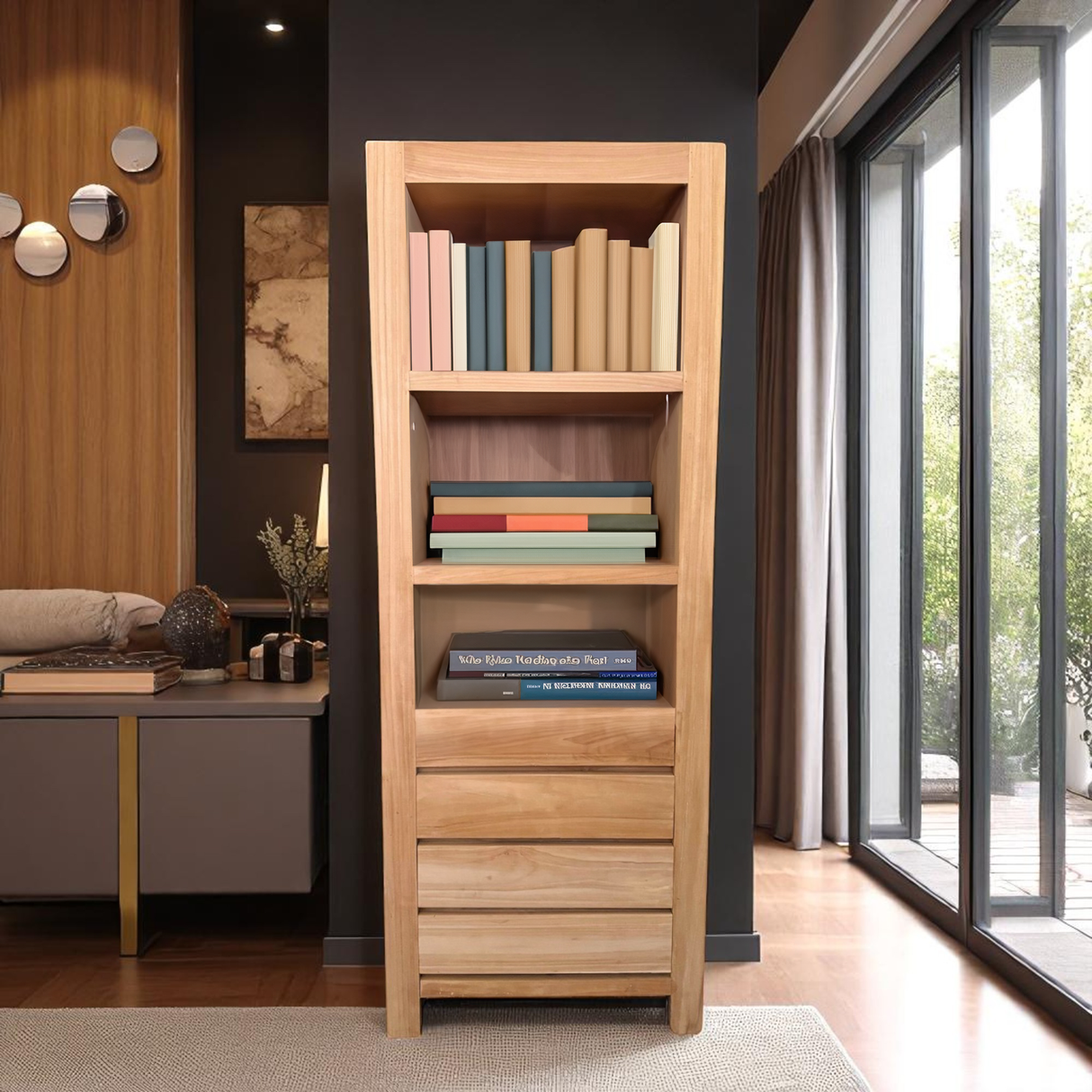 BOOKCASE WITH 3 DRAWERS | NATURAL TEAK