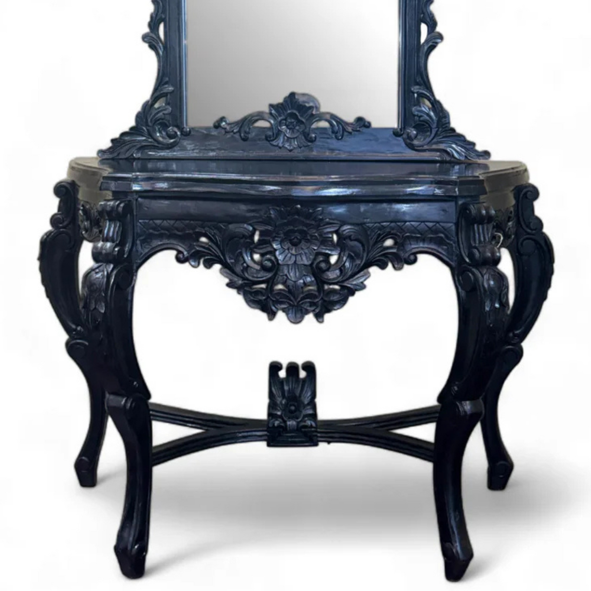 Console with Roses Framed Mirror | Natural Set of 2