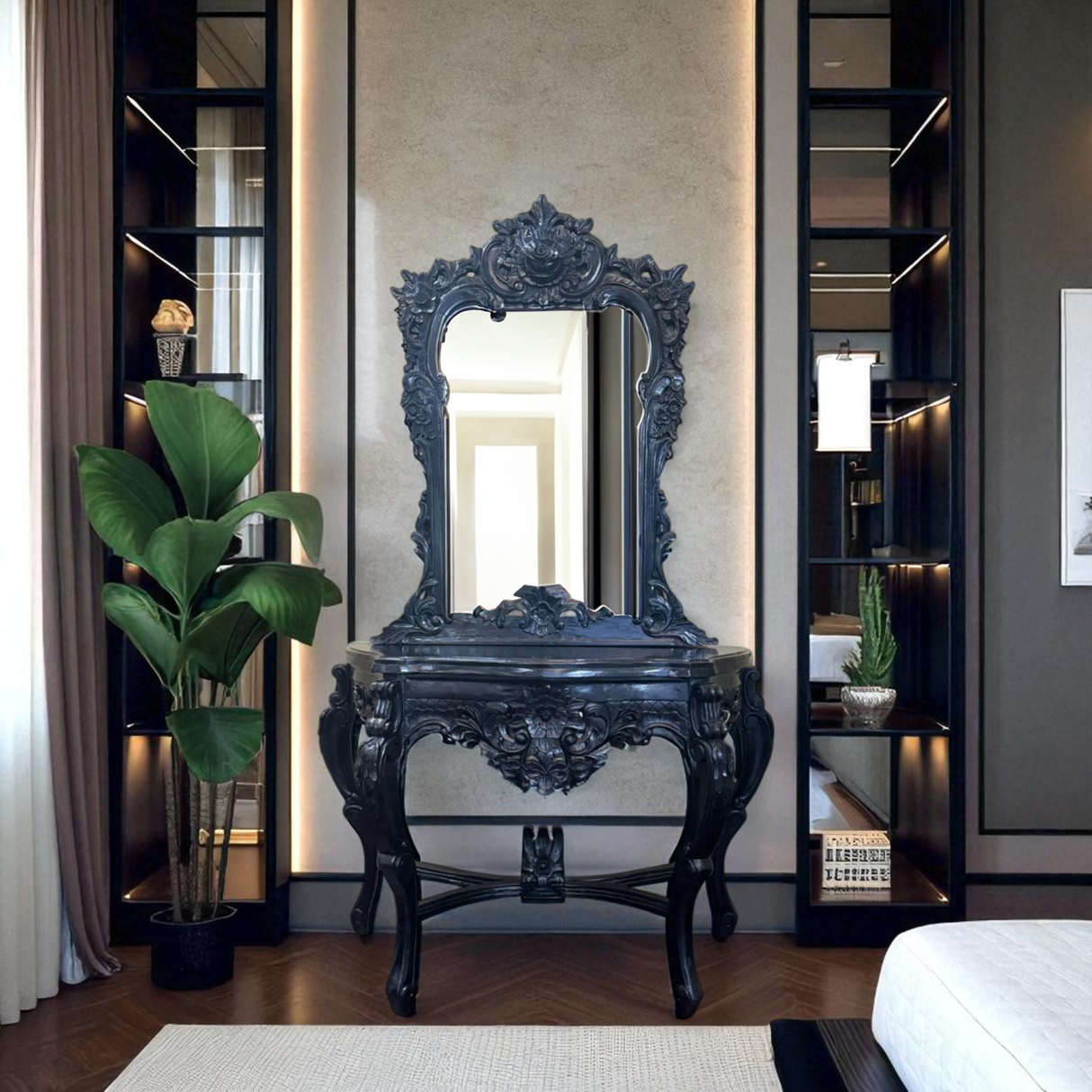 Console with Roses Framed Mirror | Natural Set of 2