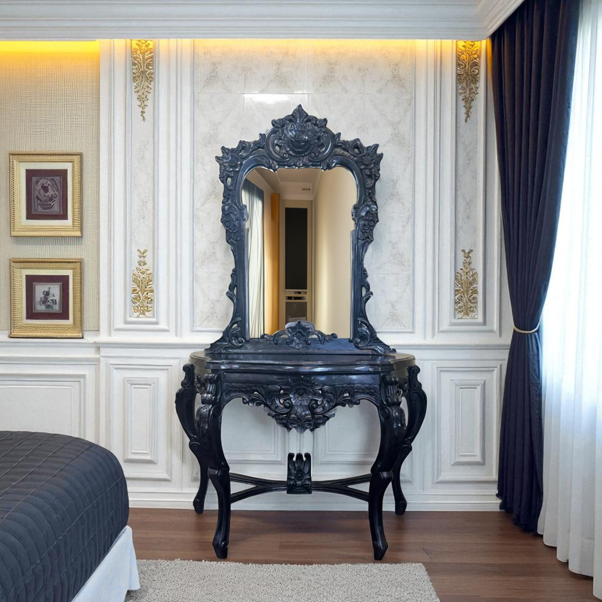 Console with Roses Framed Mirror | Natural Set of 2