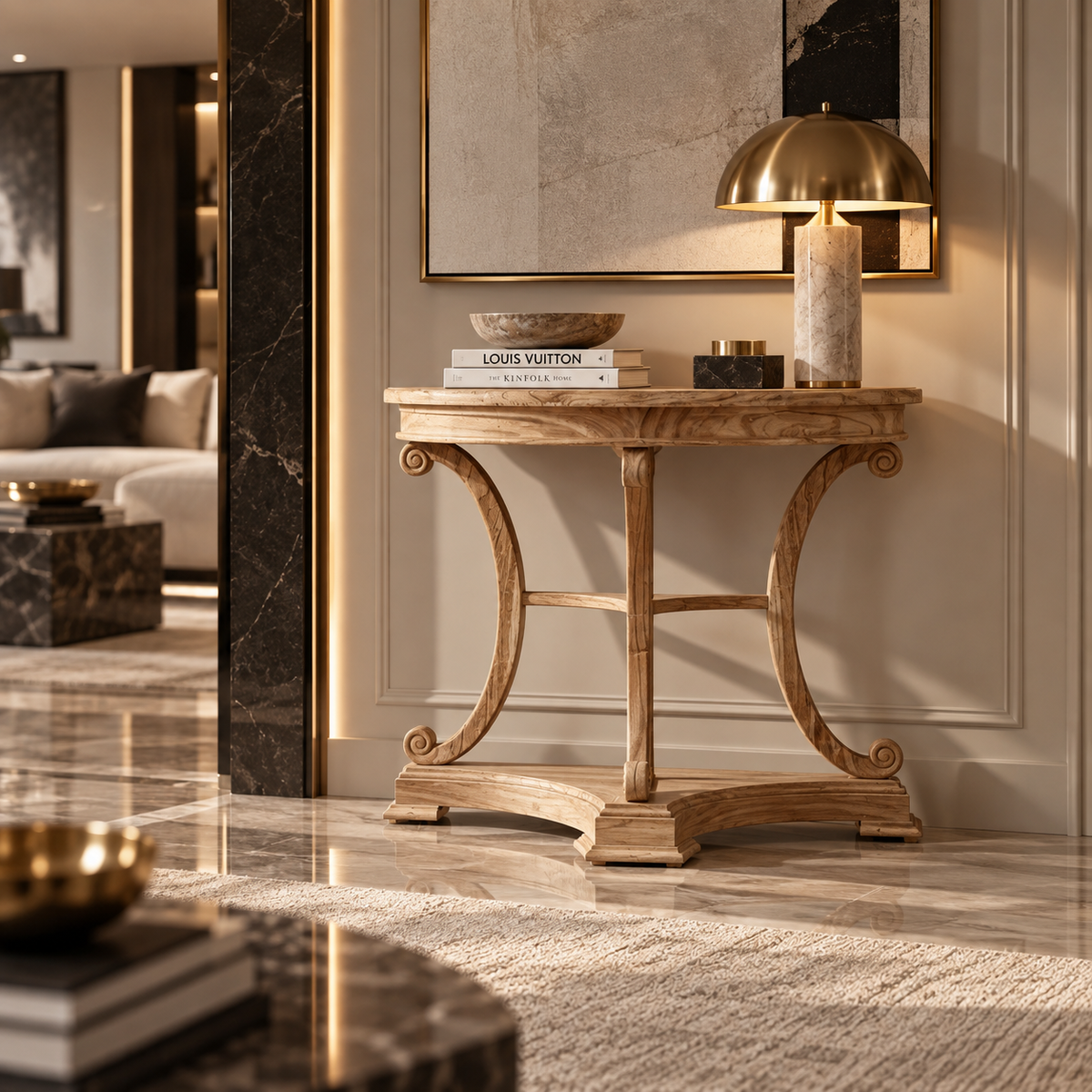 An elegant carved wooden console table in a warm beige and brown finish, styled with a brass dome lamp, books, and a bowl in a luxurious, modern living room setting.