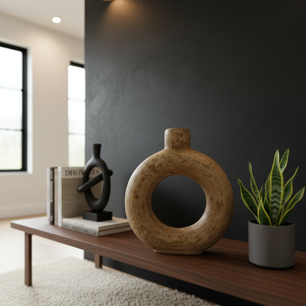 Sculptural stoneware vase with a warm earthy finish, featuring a circular cut-out centre, rounded halo silhouette, and short cylindrical neck. Styled on a modern console table, this handcrafted decorative vase adds organic texture and contemporary elegance to shelves, coffee tables, or living spaces.
