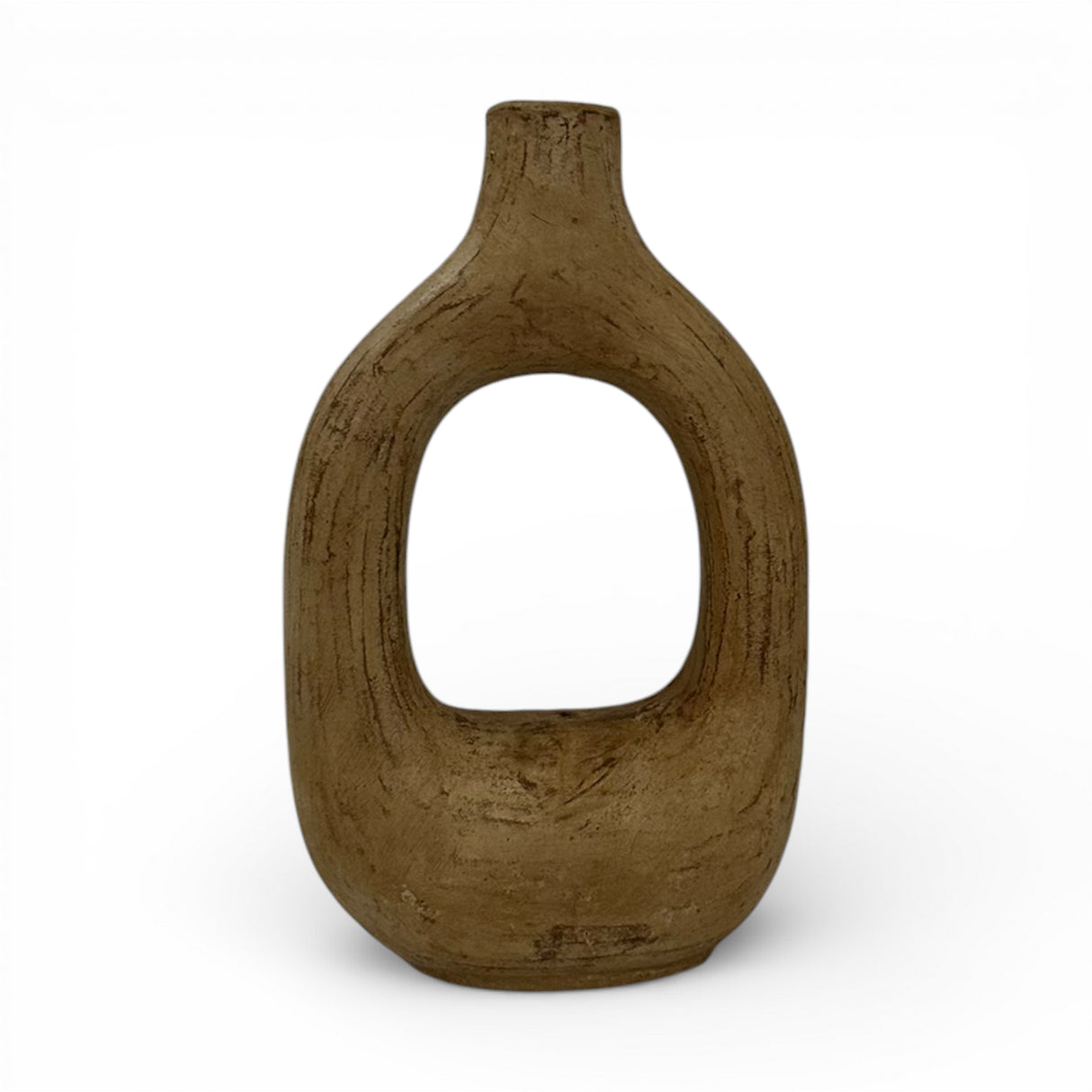 Sculptural stoneware vase with a warm earthy brown finish, featuring a rounded teardrop silhouette, large oval cut-out centre, and a narrow neck. This handcrafted contemporary vase adds organic texture and sculptural elegance to console tables, shelves, coffee tables, or modern interiors.