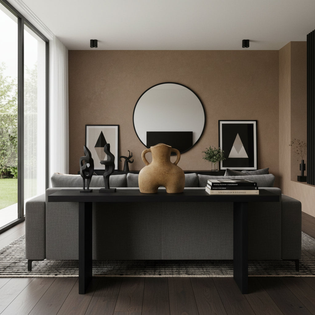 Sculptural terracotta amphora vase with a warm natural finish and distinctive rounded silhouette, featuring two curved side handles. A handcrafted statement décor piece perfect for styling console tables, shelves, or coffee tables in modern, Mediterranean, or contemporary interiors.