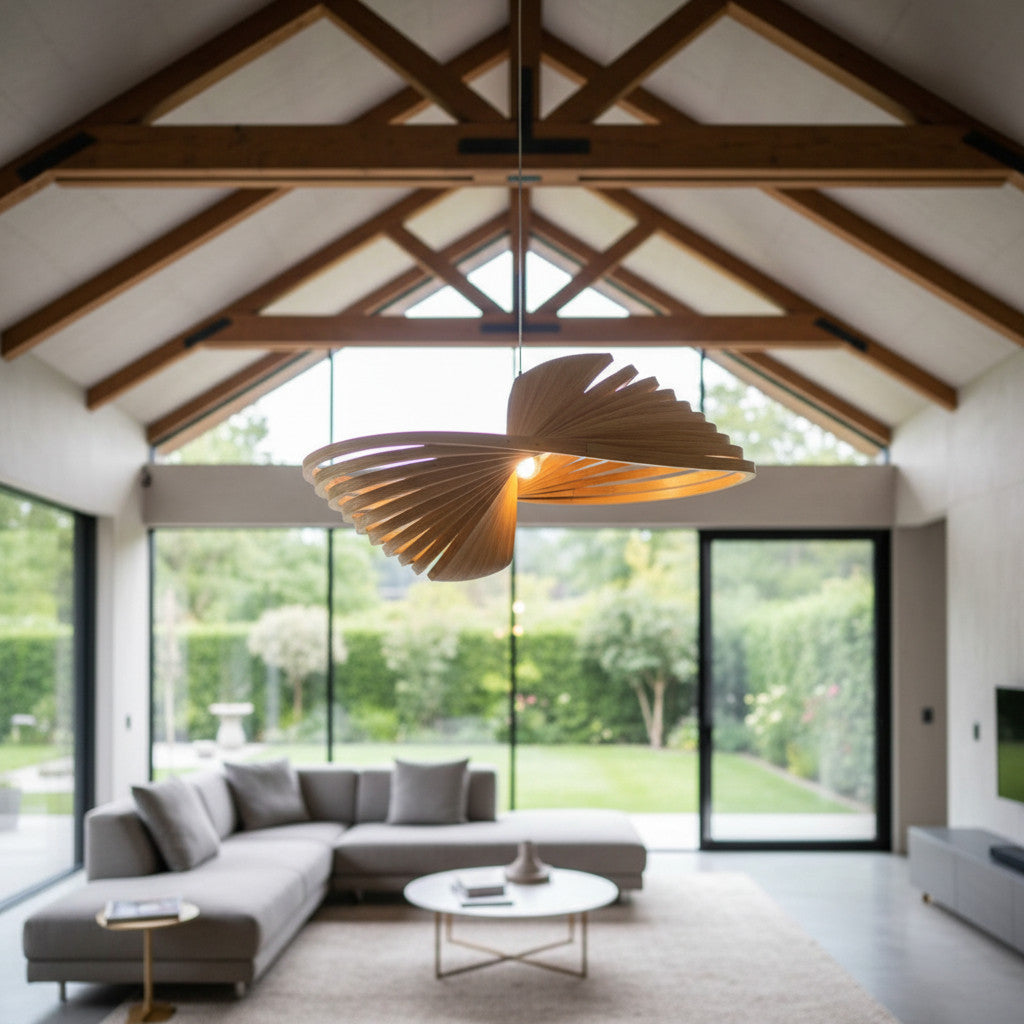 Sculptural wooden spiral pendant light featuring layered curved slats that create a flowing organic form with warm ambient illumination. A striking designer ceiling light for modern, Scandinavian, Japandi, minimalist, and luxury interiors.
