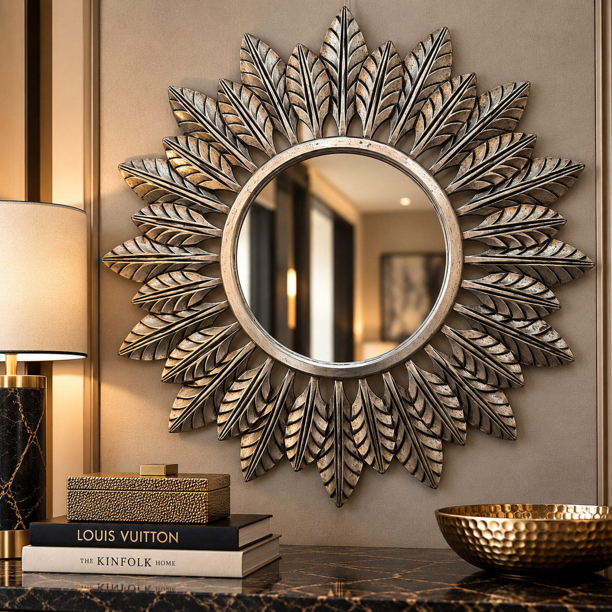 A round decorative wall mirror with a sunburst leaf design in a distressed silver and gold finish, mounted on a beige wall above a dark marble console table with books and a gold bowl.