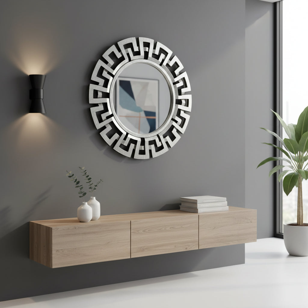 Round silver geometric wall mirror with a bold Greek key-inspired frame, displayed above a floating oak console in a modern living space with minimalist décor.