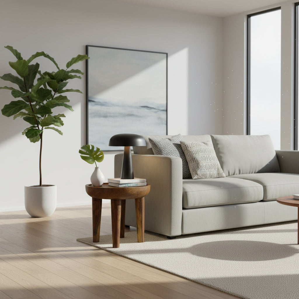 Handcrafted round accent side table made from solid natural wood, featuring a smooth circular top, tapered legs, and a warm timber finish. A timeless and versatile piece perfect for living rooms, bedrooms, reading nooks, boutique hotels, or contemporary interiors.