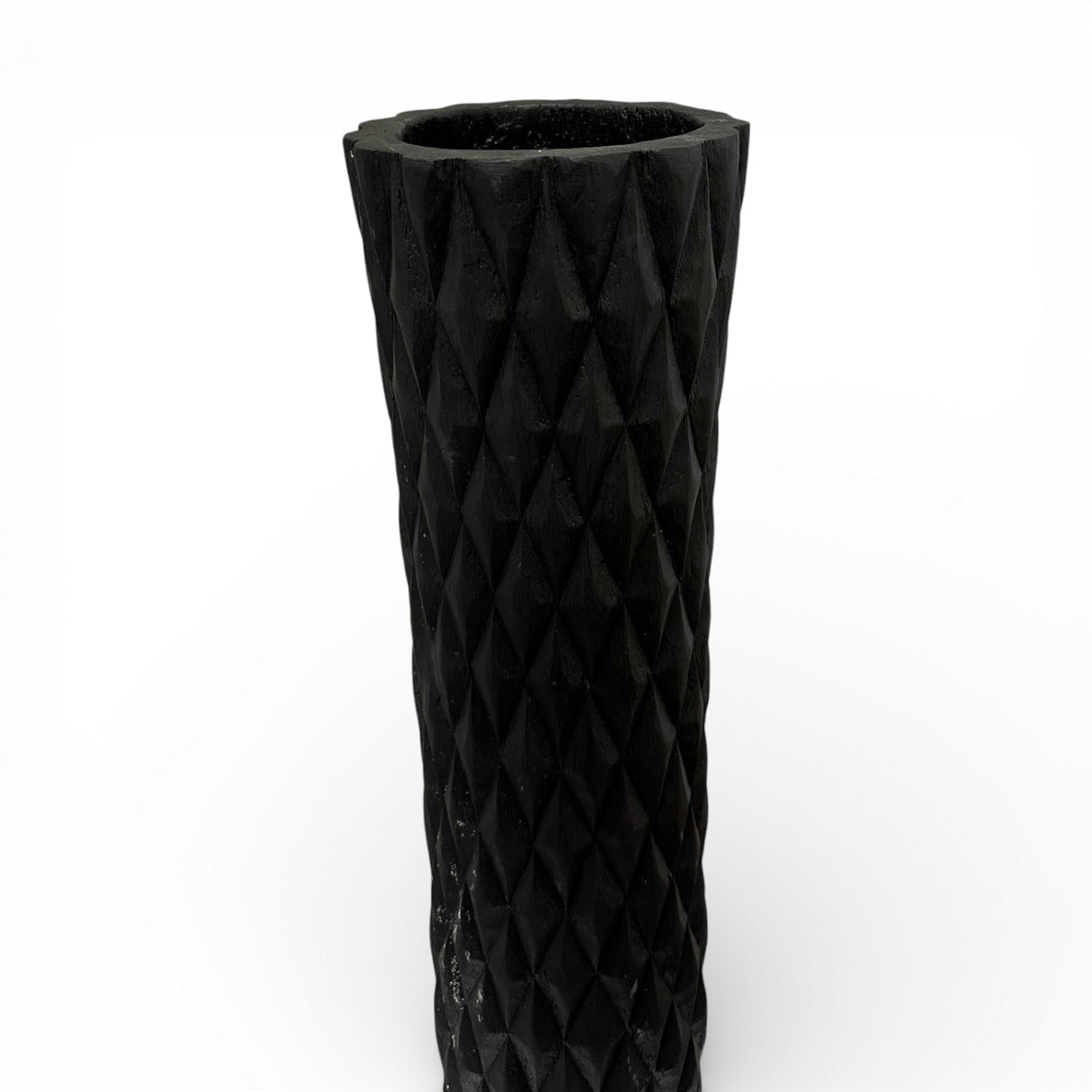 Tall decorative floor vase featuring a matte black finish with an embossed geometric diamond pattern. Its contemporary design makes it ideal for displaying dried botanicals, pampas grass, or decorative branches in living rooms, entryways, boutique hotels, offices, or modern interiors.