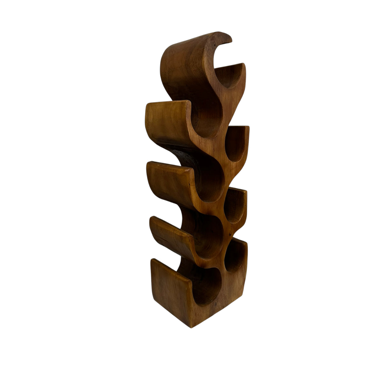 Tall handcrafted teak wood wine rack with a sculptural organic design, featuring eight curved bottle holders and a rich natural wood finish. A functional statement piece for displaying wine bottles in contemporary kitchens, dining rooms, or home bars.