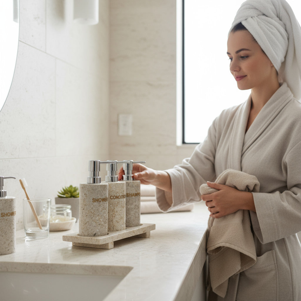 Natural Riverstone Soap Dispensers Set of 3 with Tray | Round, Cream, Marbled