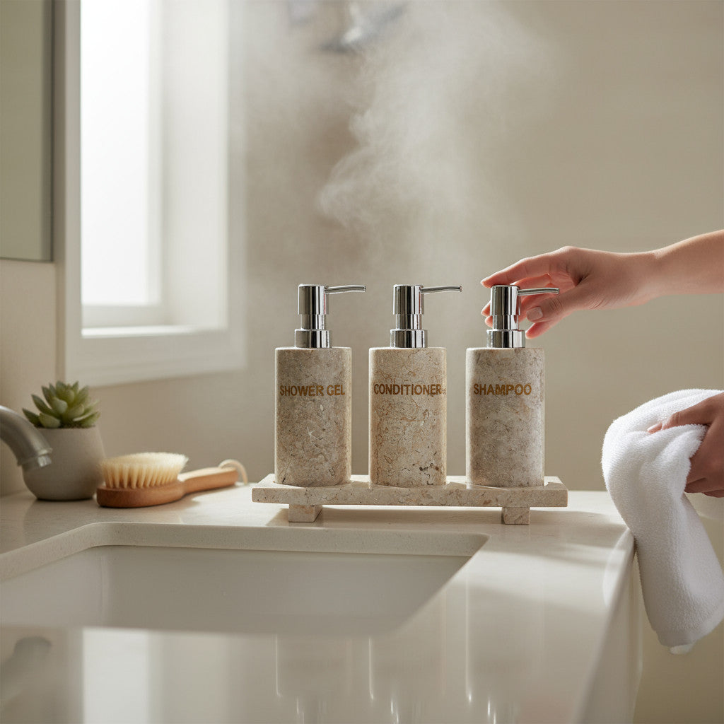 Natural Riverstone Soap Dispensers Set of 3 with Tray | Round, Cream, Marbled