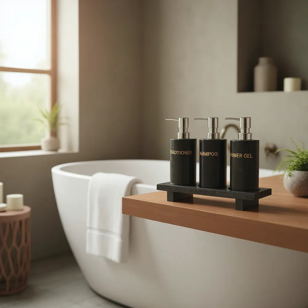 Natural Riverstone Soap Dispensers Set of 3 with Tray | Round, Dark Grey, Black