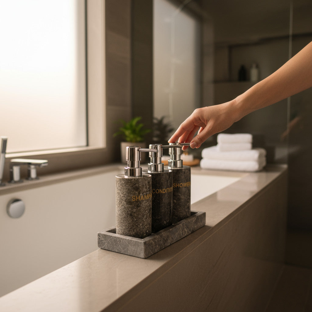 Natural Riverstone Soap Dispensers Set of 3 with Tray | Round, Light Grey