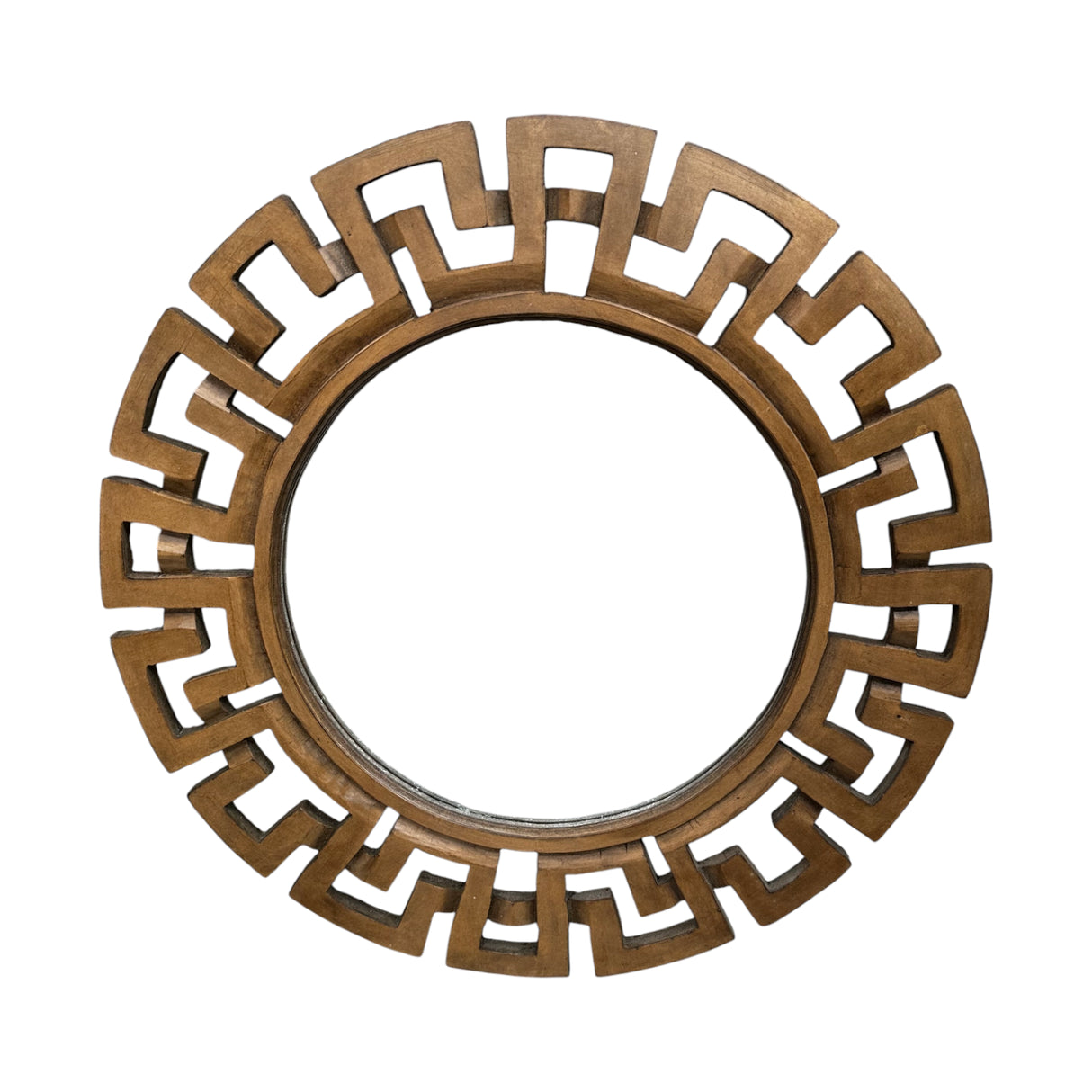 Round decorative wall mirror featuring a warm walnut-finish geometric frame with a bold Greek key-inspired pattern, designed to add contemporary elegance to any interior.